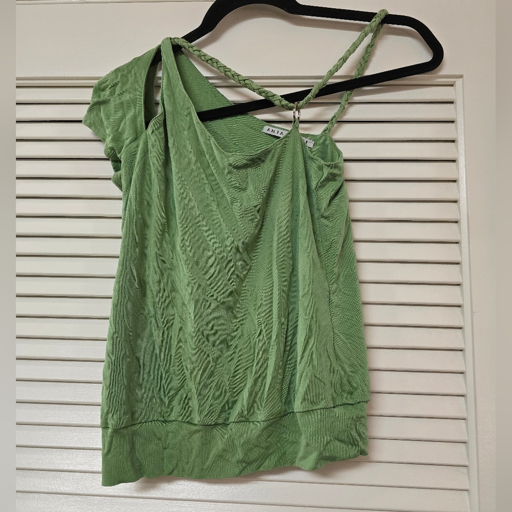 Anja Flint - Green 100% Silk Cold-Shoulder Rope Detail Top